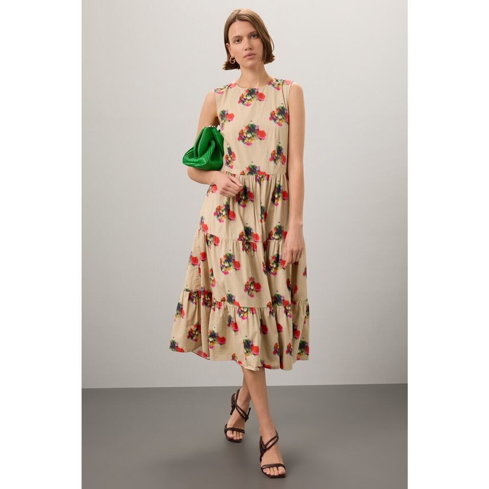 ADAM LIPPES COLLECTIVE Khaki Crewneck Hourglass Tiered Poplin Maxi Dress Size 2